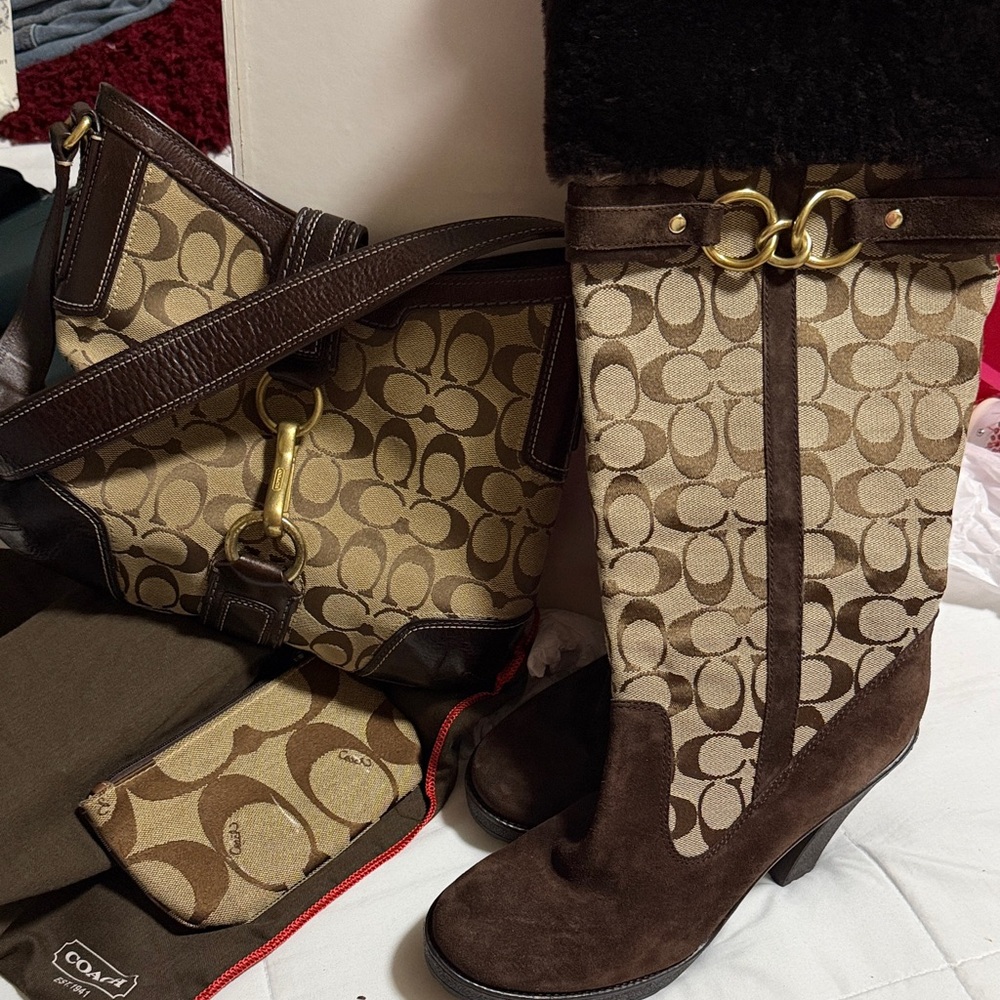 Coach Brown and Tan Heeled Boots and purse - Picture 4 of 6